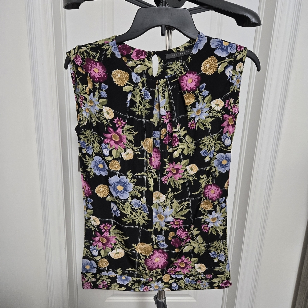 Suzy Shier Floral Sleeveless Blouse - Black, Pink, Blue, Gold